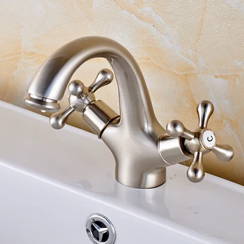 Nickel Brushed Contemporary Bathroom Sink Faucet Double Handles Hot and Cold Water Mixer Tap