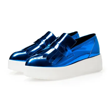 Brand Tassel Women Patent Leather Loafers Flats Shoes Woman Round Toe Casual Slip on Platform Shoes Ladies Creepers blue silver