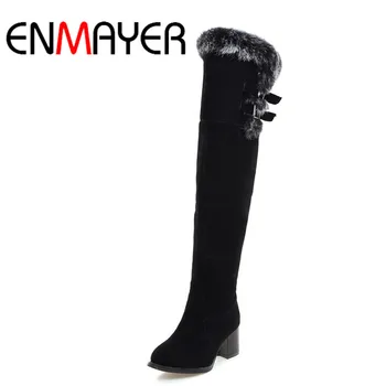 ENMAYER Classic Black Shoes Woman Buckle Charms High Heels Winter Over-the-knee Boots for Women Zippers Round Toe Platfrm Shoes