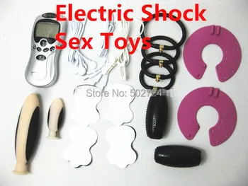 Adult Games 6-in-1 Electric Shock Kit Electro Shock Breast Cups Penis Ring Anal Plug Ear Clip Grenade Sticky Pads for Couples