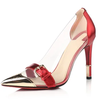 2016 fashion transparent film Buckle pointed toe shallow mouth high heels single women shoes red bottom lady single OL pumps