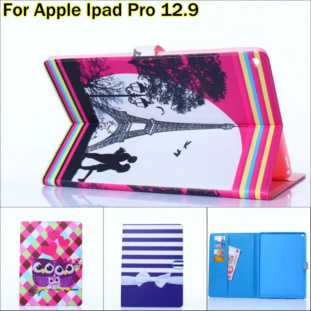 Fashion Cute Owl flower Eiffel Tower wallet card PU Leather stand holder cover Case for Apple ipad pro 12.9 inch with pen