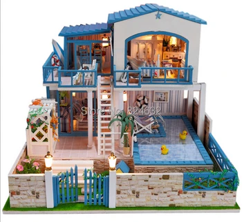 DIY hut ultra-luxurious indoor pool villa/ Assemble Villa Doll Home/ Wooden Miniature DIY girlfriend gift