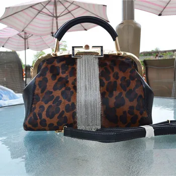 New european style brand for women leather handabg vintage clip bag ladies evening party bags Leopard shoulder bag