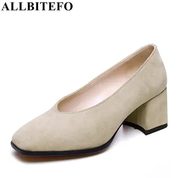 ALLBITEFO thick heel genuine leather square toe medium heel women pumps fashion brand office ladies shoes sapatos femininos
