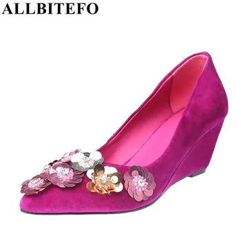 ALLBITEFO full genuine leather pointed toe wedges heel women pumps fashion flowers medium heel party shoes spring pumps