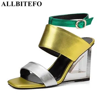 ALLBITEFO crystal heel design genuine leather mixed colors women sandals fashion wedges heel party shoes summer sandals