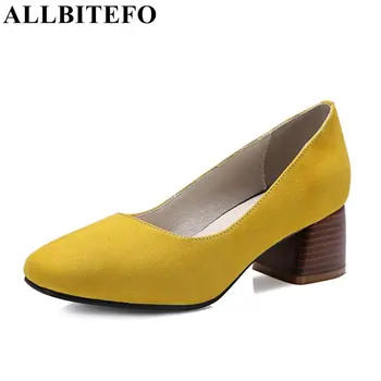 ALLBITEFO new arrive full genuine leather rouns toe thick heel women pumps fashion casual medium heel ladies shoes spring shoes