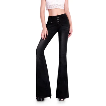 2017 Spring New European American Style Vintage Bleached High Waist Black Single Breasted Slim Sexy Flare Pants Women Long Jeans