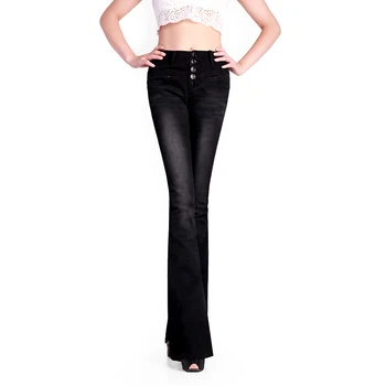 2017 Spring New European American Style Vintage Bleached High Waist Black Single Breasted Slim Sexy Flare Pants Women Long Jeans