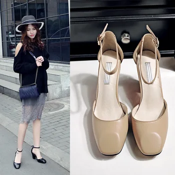 Fashion new Women Sandal Square High Heel Ankle Strap Classic cow Genuine Leather Ladies elegant party Shoes Size 33-40