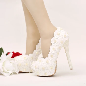 White Lace Flower Bridesmaid Shoes Stilettle Heel Bridal Shoes with Ivory Pearl Heel Banquet Prom Pumps Wedding Party Shoes