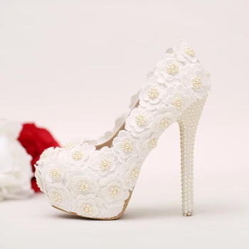 White Lace Flower Bridesmaid Shoes Stilettle Heel Bridal Shoes with Ivory Pearl Heel Banquet Prom Pumps Wedding Party Shoes