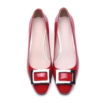 ALLBITEFO full genuine leather square toe medium heel women pumps fashion metal charm ladies shoes spring pumps size:33-43