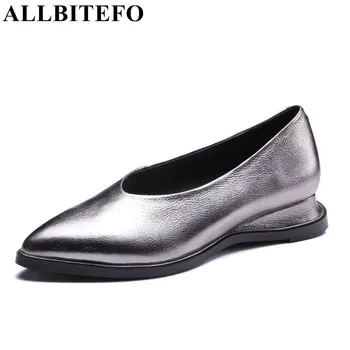 ALLBITEFO large size:33-43 low-heeled genuine leather pointed toe women pumps fashion casual thick heel ladies shoes Sra zapato