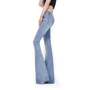 2017 Spring Italy New Mid Waist Light Blue Lengthened Slim Sexy Vintage Washed Flare Pant Women Long Jeans Fashion