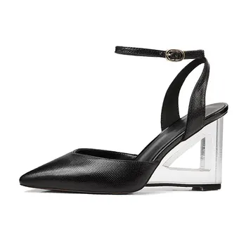 ALLBITEFO large size:33-42 crystal heel genuine leather pointed toe wedges heel women sandals fashion high heels summer sandals