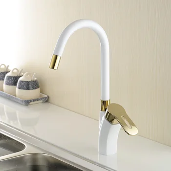 White And Golden Hot And Cold Water Kitchen Faucet Painting Finish Deck Mounted Vessel Sink Cuisine Mixer Tap XBT-2589