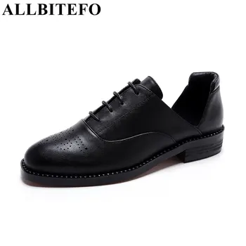 ALLBITEFO genuine leather low-heeled women pumps fashion casual cut-outs office ladies shoes woman party shoes