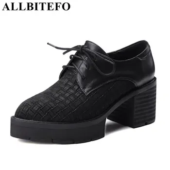 ALLBITEFO large size:34-43 genuine leather pointed toe thick heel platform women pumps fashion casual high heels ladies shoes