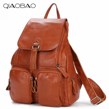QIAOBAO Natural Cowhide leather Backpack Korean fashion Leather bags simple multi-functional hardware lock shoulder bag