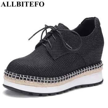 ALLBITEFO new fashion casual genuine leather wedges heel platform women pumps increasing height spring pumps size:34-42