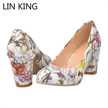 LIN KING Ink PU Leather Shoes National Floral Platform Square Heels Pumps Sexy Lady Office Work Shoes Princess Party Shoes