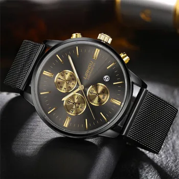 LIANDU Watches Men Luxury Chronograph Luminous Quartz Watch Simulated Stainless Steel Mesh Wrist Watches
