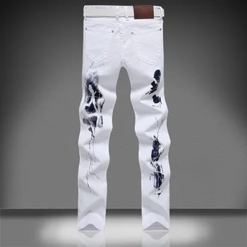 Flash European Style White Jeans Men Runway Biker Skinny Denim Trousers Cowboy Slim Printing Head Elastic Pattern Men's Pants