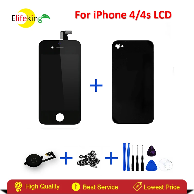 Black Touch Screen+LCD Display Digitizer + Glass Back Housing Cover + Home Button Replacement part For iPhone 4/4s &Screw Tools