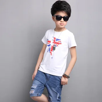 Boy short sleeve t-shirt hole denim shorts two sets boys clothes Summer Kids Cotton Round Collar Tops Jeans Fashion Casual Set
