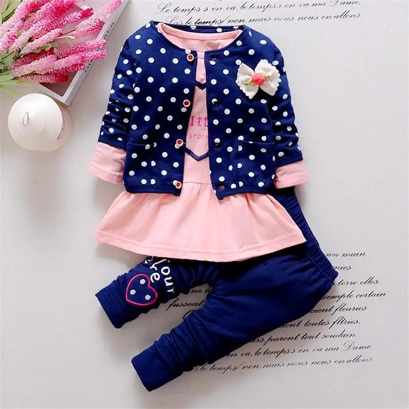 2017 New Baby Girl clothing Sets kids 3PCS coat+ T shirt + Pants children Cute Princess Heart-shaped Print Bow baby girl outfits