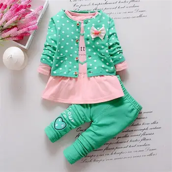 2017 New Baby Girl clothing Sets kids 3PCS coat+ T shirt + Pants children Cute Princess Heart-shaped Print Bow baby girl outfits