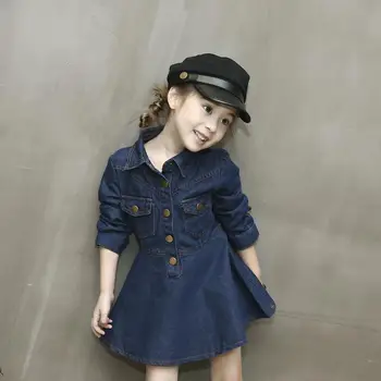 Baby Girls Dress 2016 autumn winter Children Kids Clothing Denim Jeans Long Sleeve Baby Girls Princess Dress blue color for 2-7Y