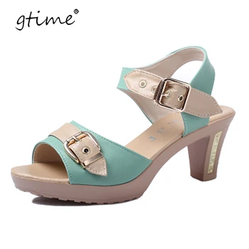 Gtime New Fashion 2017 Summer Women Sandals Shoes Thick Heels Summer Sandals Genuine Leather Women Shoes Plus Size ZWS201