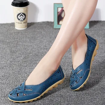 2017 Summer Hollow Out Breathable Shoes Women Soft Flock Loafers Genuine Leather Nurses Working Flats Women Shoes Size 35-43