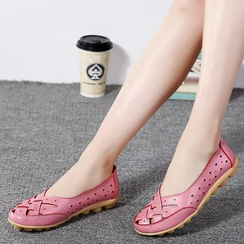 2017 Summer Hollow Out Breathable Shoes Women Soft Flock Loafers Genuine Leather Nurses Working Flats Women Shoes Size 35-43