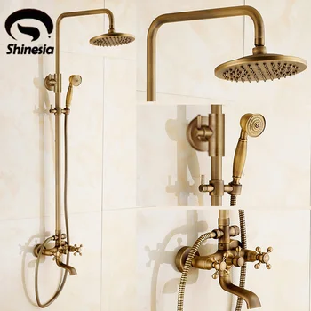Newly Vintage Antique Brass Shower Faucet Set Rainfall Shower Head W/ Ceramics Hand Showe Retro Wall Mount