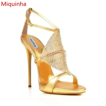 Miquinha Peep Toe Gold Sexy High Thin Heel Women Sandals Buckle Design Lady Runway Party Wedding Shoes Super Star Mujer Sandalia
