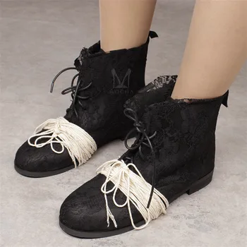 2017 New Designer Shoes Ropes Low Heel Zapatos Spring&Autumn Lace-Up Square Heel Lace Material Pumps Retro Ink style Shoes Women