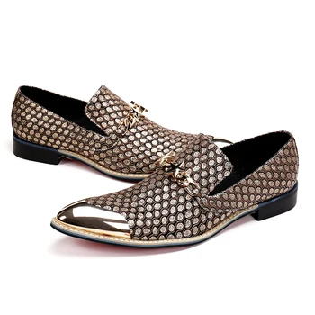 Brand Designer Men's Luxury Fashion Dress Shoes with Star Chain Buckle Gold Black Bling Bling Evening Party Shoes Men's Flats
