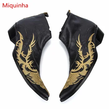 Miquinha Pointed Toe Gold Animal Pattern Embroider Men Ankle Boots Spring Autumn Leather Zippered Shoes Height Increasing Shoes
