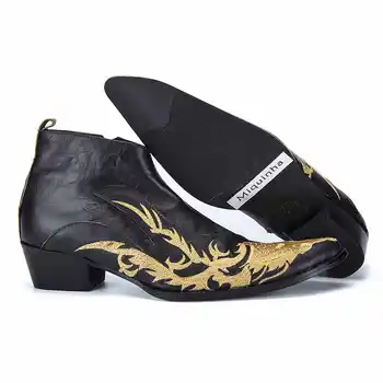 Miquinha Pointed Toe Gold Animal Pattern Embroider Men Ankle Boots Spring Autumn Leather Zippered Shoes Height Increasing Shoes