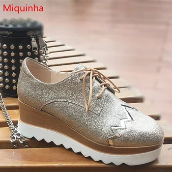 Miquinha 2017 New Brand Design Casual Shoes Square Toe Lace Up Shoes Wedges Lady Super Star Runway Shoes Zapatos Mujer