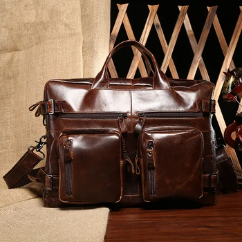 Multi-use zipper pocket Genuine Wax Leather Men's Satchel work bag Briefcases mens leather bags,Backpack and leather handbags