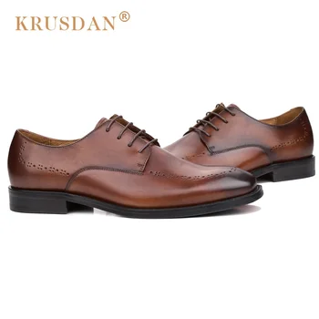 KRUSDAN Top Quality Man Handmade Luxury Oxfords Genuine Leather Male Formal Dress Party Shoes Round Toe Men's Wedding Flats NH67