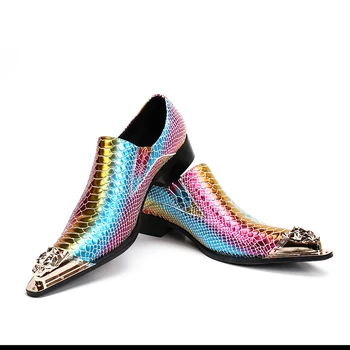 Luxury Men Dress Shoes Handmade Genuine Leather Slip On SnakeSkin Italian Wedding Flats Shoes with Metal Toe Plus Size 38-47