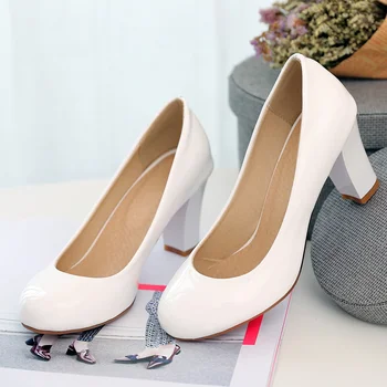 Size 31-47 Women High Heel Pumps Red Thick Heel Pumps Round Toe Pump Sexy Footwear Wedding heels Spring Leather Shoes Woman