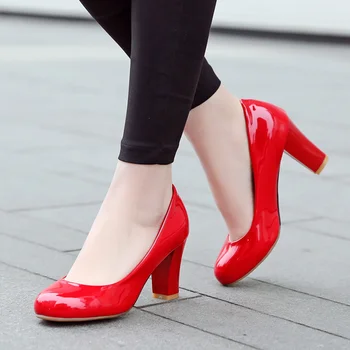 Size 31-47 Women High Heel Pumps Red Thick Heel Pumps Round Toe Pump Sexy Footwear Wedding heels Spring Leather Shoes Woman