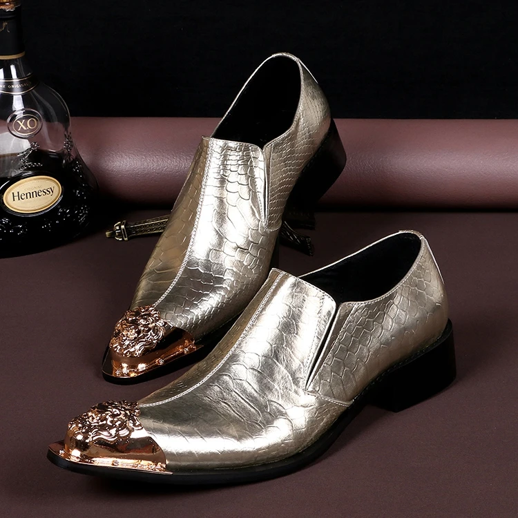Choudory Gold Snakeskin Men Shoes Formal Pointed Metal Toe Men Dress Shoes Genuine Leather Oxford Shoes For Men Wedding Shoes